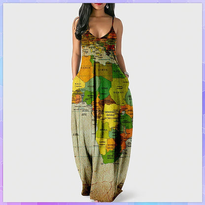 Women’s World Map Beach Dress – Elegant Sexy Long Sundress with Irregular Hem, Sleeveless Spaghetti Straps, Plus Size Summer Dress