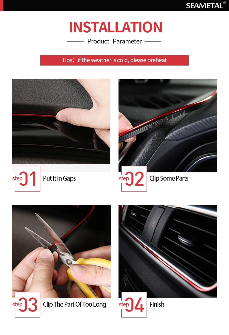 SEAMETAL Car Interior Molding Trim Strips – Flexible Anti-Scratch 5m Decoration Line for Dashboard & Car Styling Accessories
