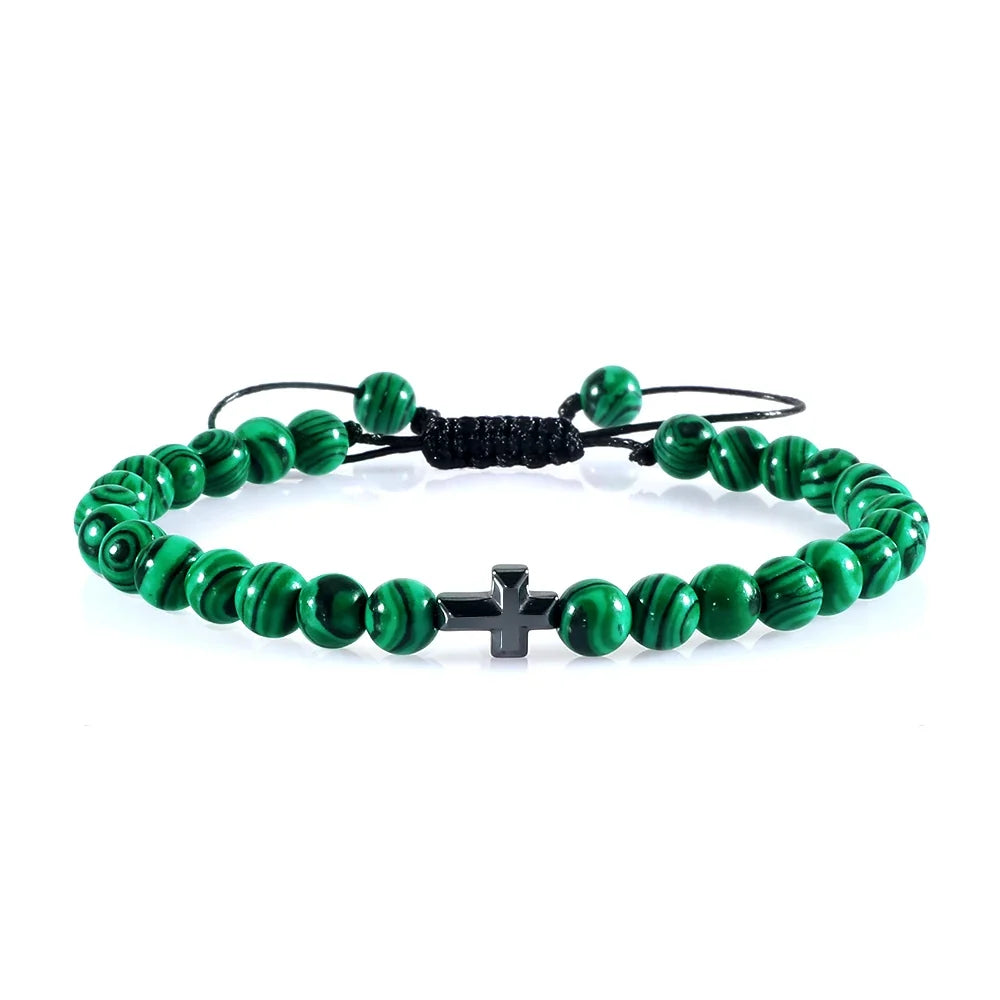 Natural Stone Bead Cross Bracelet - 6mm Braided Christian Prayer Jewelry with Jesus Charm for Men & Women