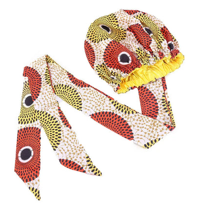 African Print Satin Bonnet with Long Ribbon - Double-Layer Ankara Hair Wrap Cap for Women, Large Size Head Cover