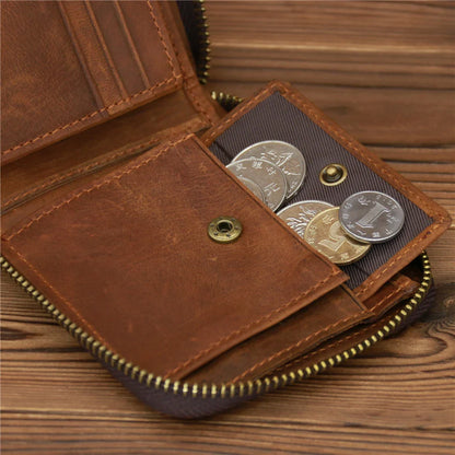 Men’s Genuine Leather Zipper Wallet – Compact Short Purse with Credit Card Slots, Cash & Coin Pocket