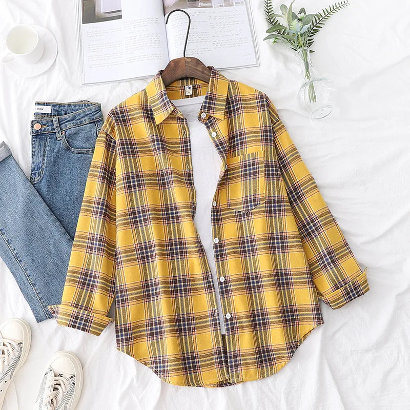 2025 Women’s Flannel Plaid Shirt – Casual Loose Cotton Long Sleeve Blouse, Designer Style Tops