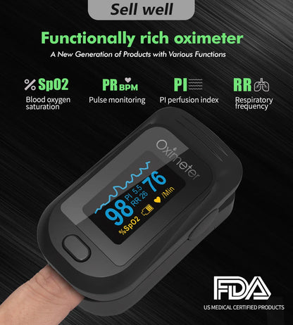 KIUZOU Finger Pulse Oximeter – SPO2, PR, PI, RR Blood Oxygen Saturation & Heart Rate Monitor, OLED Display