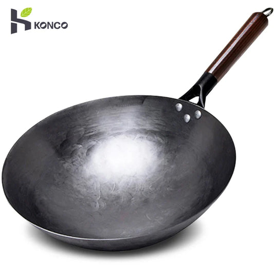 Hand Forged Household Iron Wok, Pure Iron Pan with Wooden Handle, Non-Coating, Non-Stick, for Gas Cooker