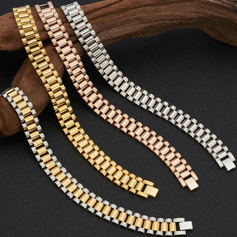 15mm Wide Gold Stainless Steel Watch Chain Bracelet – Luxury Waterproof Men’s Wristband Jewelry for Men & Boys Wholesale Style