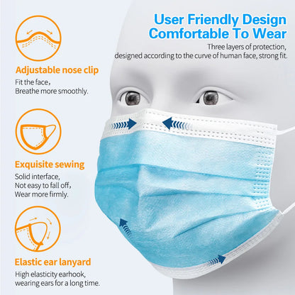 3 Layer Disposable Face Masks – Anti-Dust Protective Masks with Melt Blown Cloth, Earloops, Black Mascarillas