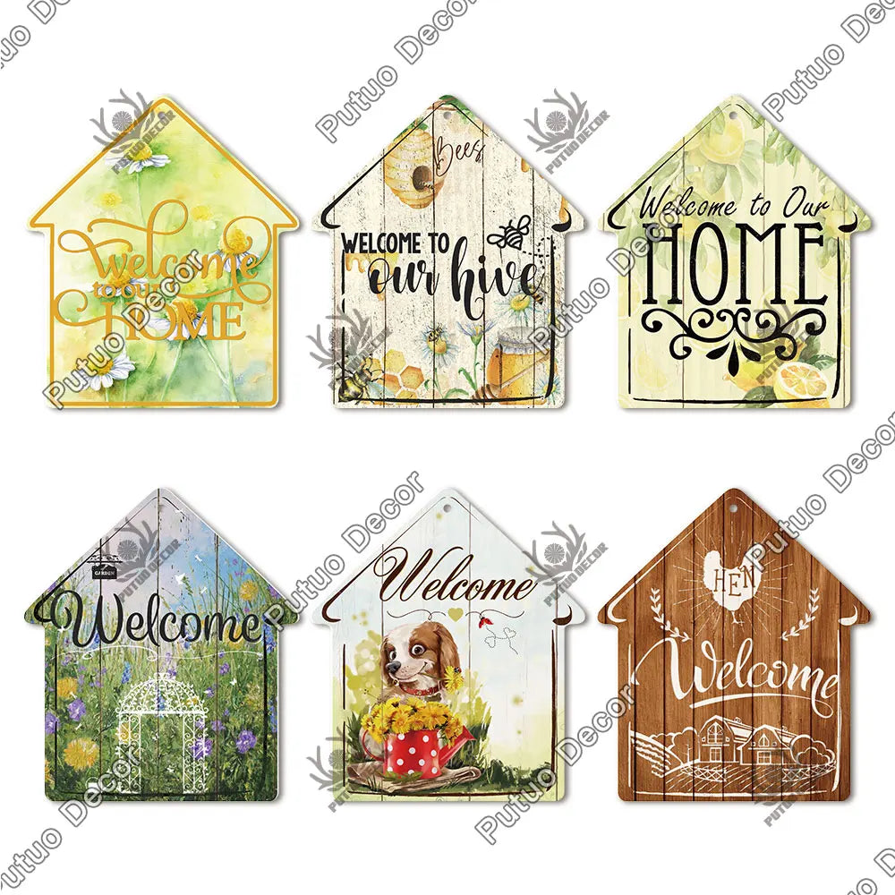 Putuo Decor Welcome House Shaped Wooden Sign – Rustic Hanging Plate for Home, Living Room Wall Decor