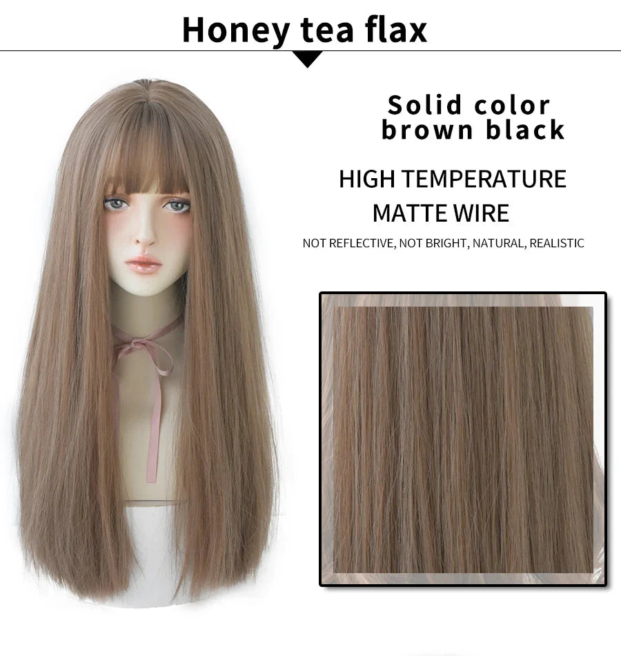 7JHHWIGS Long Straight Light Brown Synthetic Wig with Bangs – Heat-Resistant Daily Wear Wig for Women