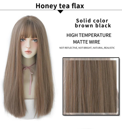 7JHHWIGS Long Straight Light Brown Synthetic Wig with Bangs – Heat-Resistant Daily Wear Wig for Women