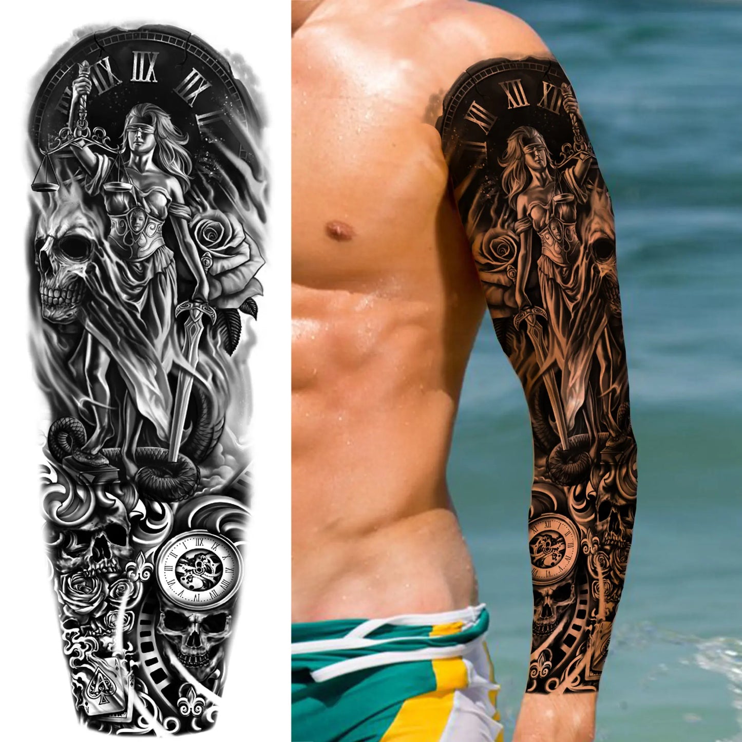 Temporary Tattoo Sleeve - Realistic Full Arm Skull Angel Maori Design Tattoo Sticker for Men & Women