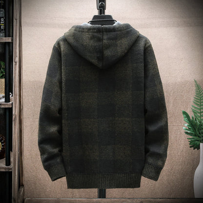 Men's Winter Plaid Hooded Cardigan – Warm Wool Fleece Zipper Jacket Knit Sweater Coat