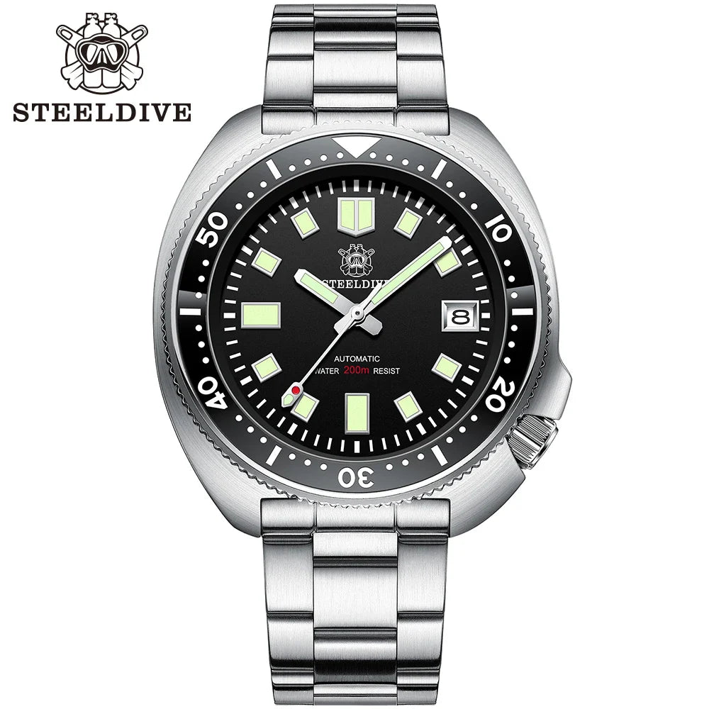 Steeldive SD1970 Men’s Automatic Dive Watch — 200M Waterproof, White Date Background, AR Coating Sapphire Glass, NH35 Black Dial Turtle Design