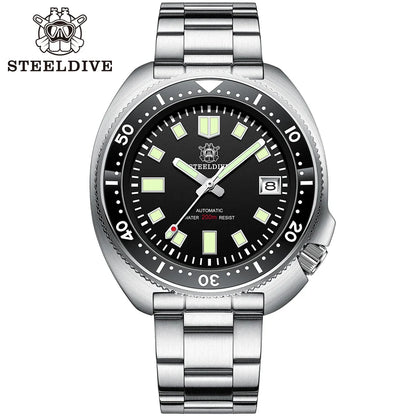 Steeldive SD1970 Men’s Automatic Dive Watch — 200M Waterproof, White Date Background, AR Coating Sapphire Glass, NH35 Black Dial Turtle Design
