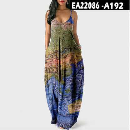 Women’s World Map Beach Dress – Elegant Sexy Long Sundress with Irregular Hem, Sleeveless Spaghetti Straps, Plus Size Summer Dress
