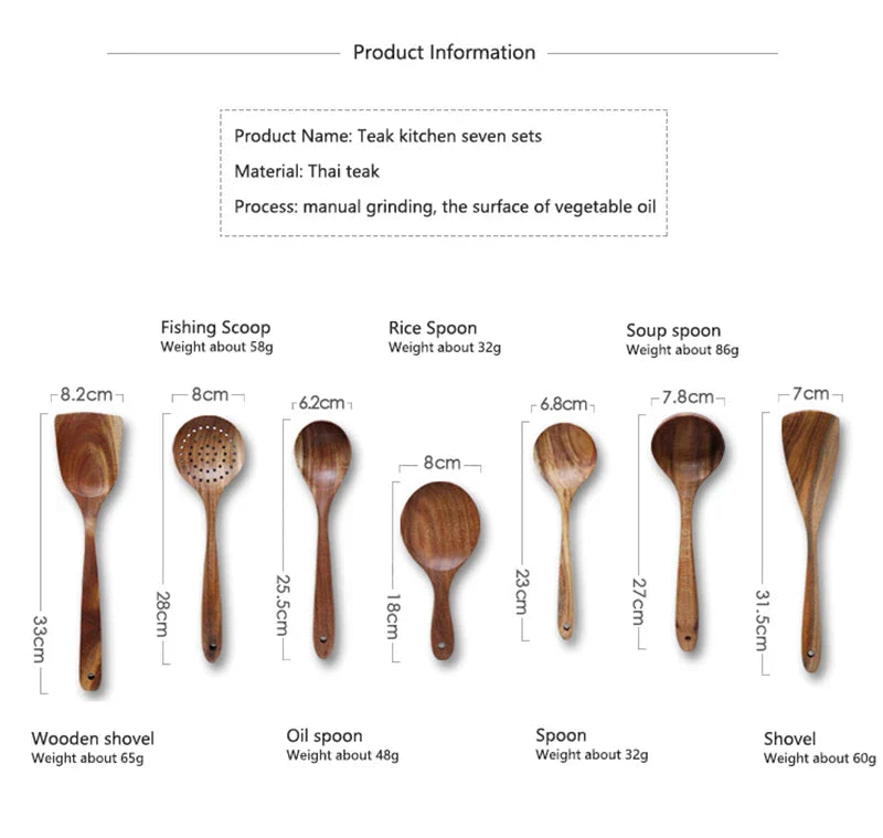 1-7pcs Teak Wood Tableware Set – Natural Wooden Spoons, Colander Spoon & Soup Skimmer Cooking Tool Kit