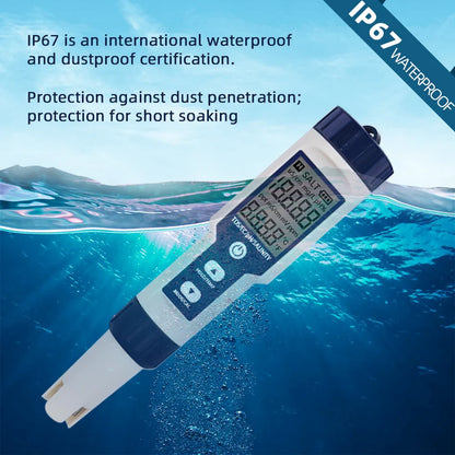 5 in 1 PH Meter Water Quality Tester - Digital TDS, EC, PH, Salinity & Temperature Meter for Pools & Aquariums with Backlight