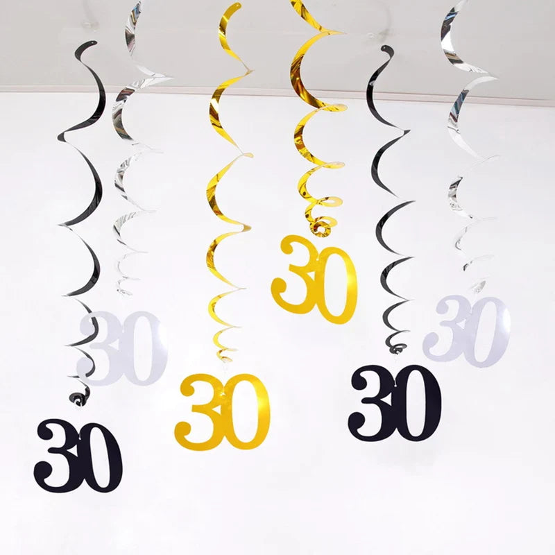 6pcs Spiral Birthday Swirls Hanging Ornaments - Black, Gold, Silver for 18, 21, 25, 30, 40, 50, 60, 70, 80, 90 Years Old, Birthday Decor