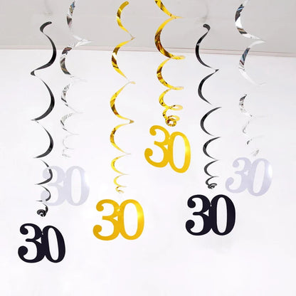 6pcs Spiral Birthday Swirls Hanging Ornaments - Black, Gold, Silver for 18, 21, 25, 30, 40, 50, 60, 70, 80, 90 Years Old, Birthday Decor