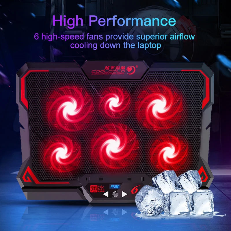 COOLCOLD 17-Inch Gaming Laptop Cooler - Six Fan System, LED Screen, Dual USB Ports, 2600RPM Cooling Pad and Notebook Stand