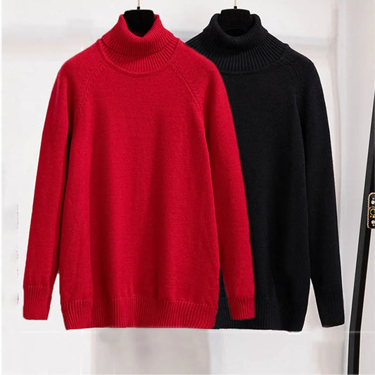 Plus Size 170Kg Women's Turtleneck Knitted Sweater – Loose Fit Pullover, Bust 160cm, Black/Red, 5XL-10XL