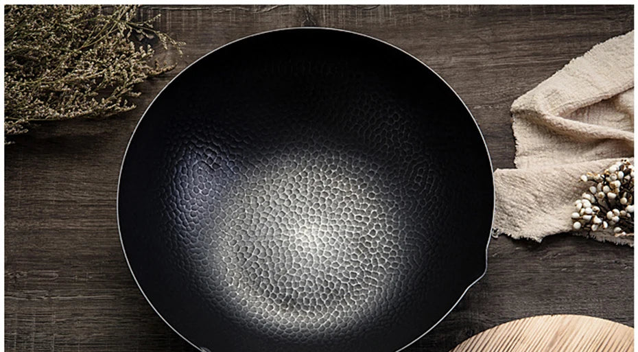 Konco 32cm Pure Cast Iron Wok – Non-Coated Chinese Wok Pan for Gas & Induction Cookers