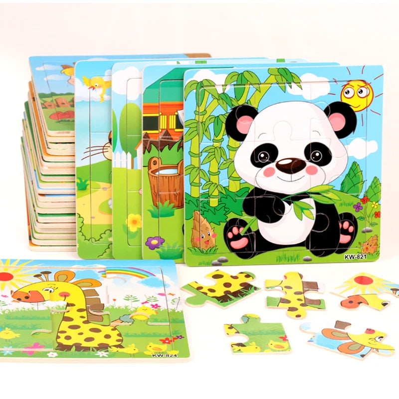 Hot Sale 9/12-Piece Wooden Puzzle Set — Cartoon Vehicles & Animals Educational Learning Toys for Kids, Perfect Gift