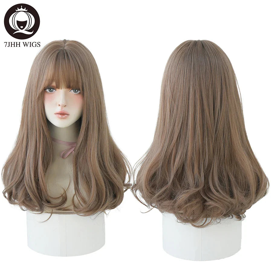 7JHHWIGS Long Straight Light Brown Synthetic Wig with Bangs – Heat-Resistant Daily Wear Wig for Women