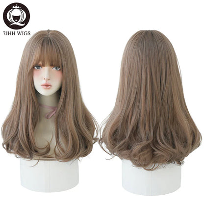 7JHHWIGS Long Straight Light Brown Synthetic Wig with Bangs – Heat-Resistant Daily Wear Wig for Women