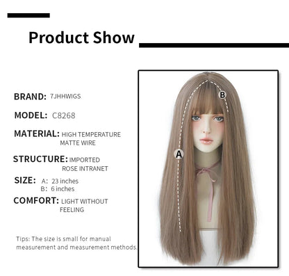 7JHHWIGS Long Straight Light Brown Synthetic Wig with Bangs – Heat-Resistant Daily Wear Wig for Women