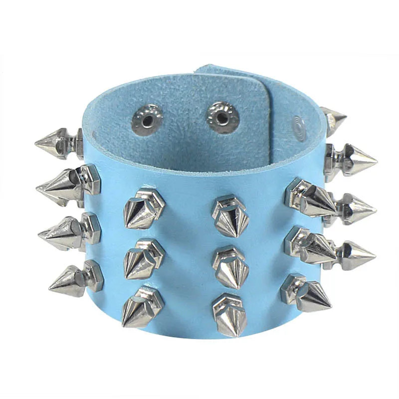 90s Punk Style Bracelet – PU Leather with 3 Rows of Spikes & Square Studs, Fashion Bangle for 2024