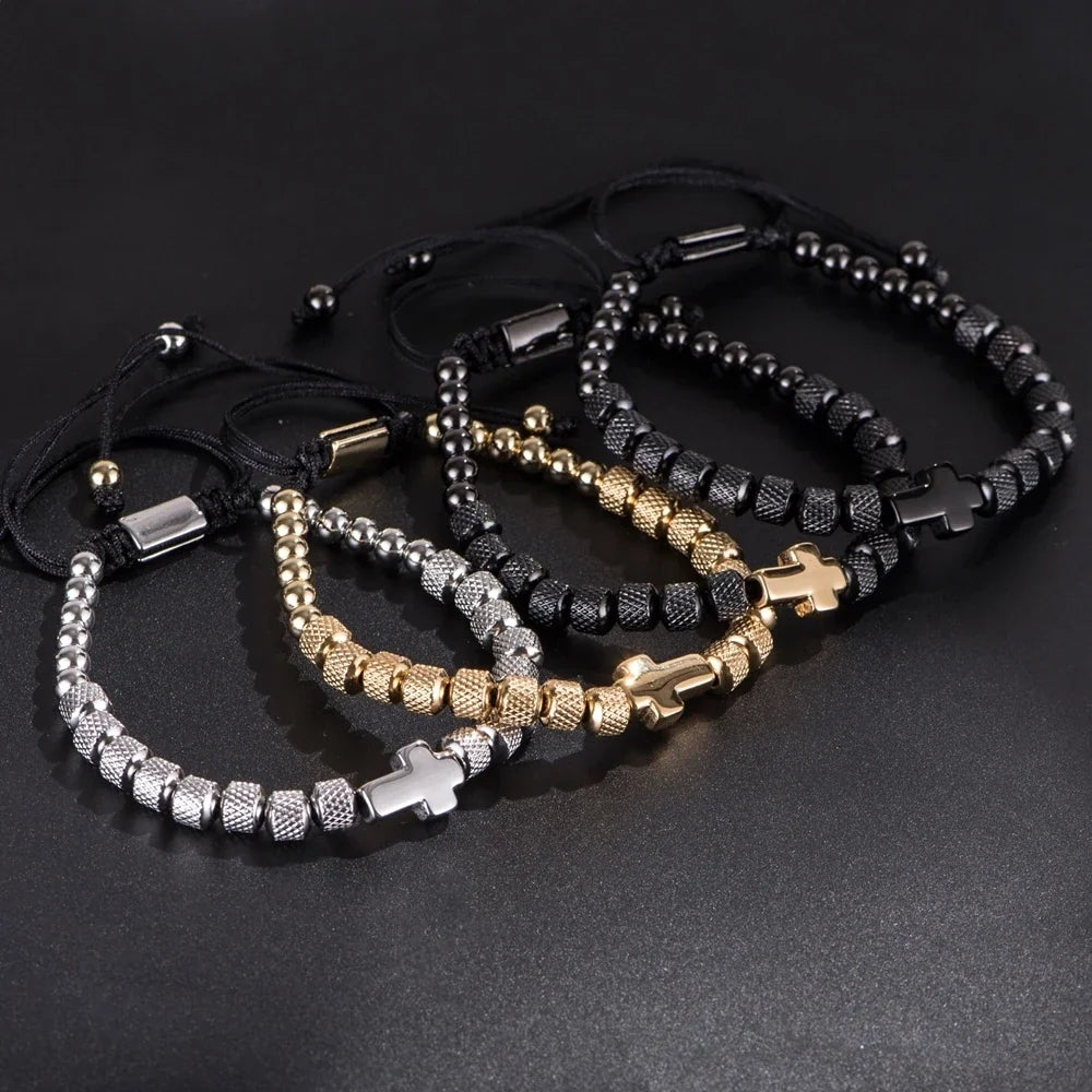 Cross Charm Beaded Bracelet - Stainless Steel Handmade Prayer Chain Jewelry Gift for Men & Women
