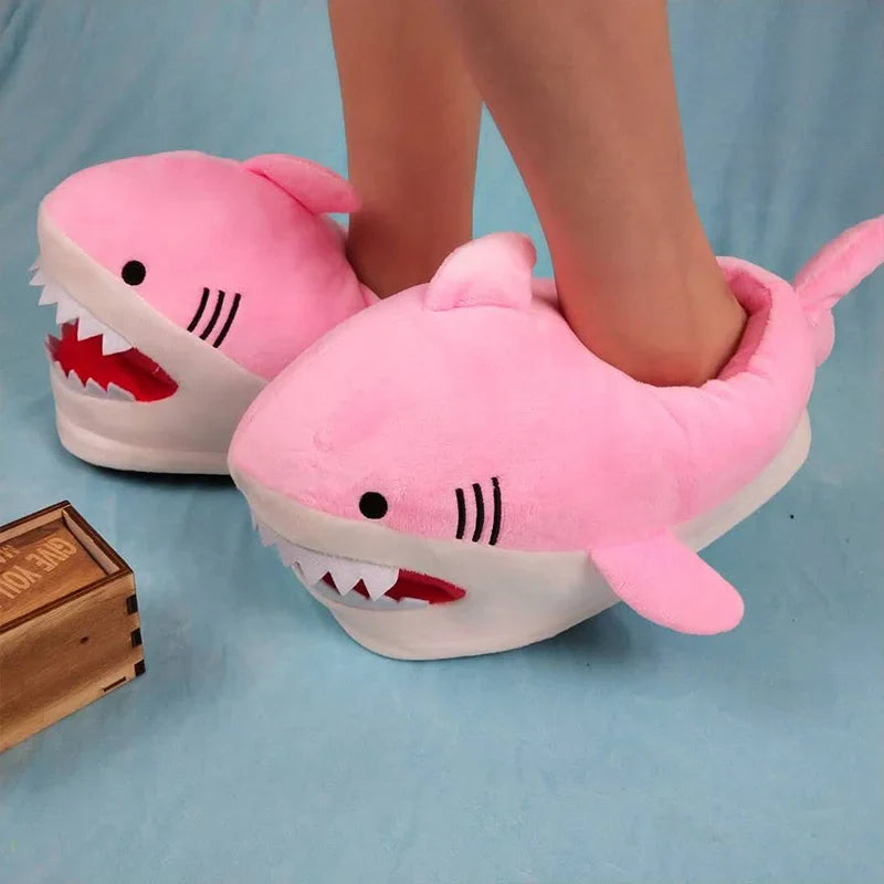 Feerldi Shark Winter Slippers — Cartoon Anime Slip-On Fish Slides for Girls, Boys & Women, Plush Open-Mouth Cotton Shoes