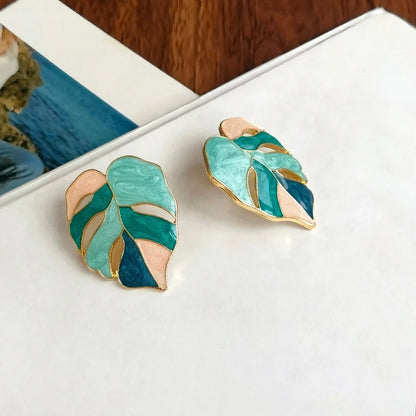 925 Silver Leaf Earrings for Women – Modern Geometric Green & White Trendy Jewelry Gift
