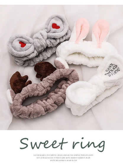 Soft Coral Fleece Bow Headband – Wash Face Hair Holder with Animal Ears for Women & Girls