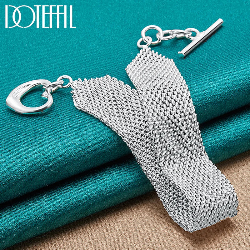DOTEFFIL 925 Sterling Silver Heart Bracelet – Watchband Style Chain Jewelry for Men & Women