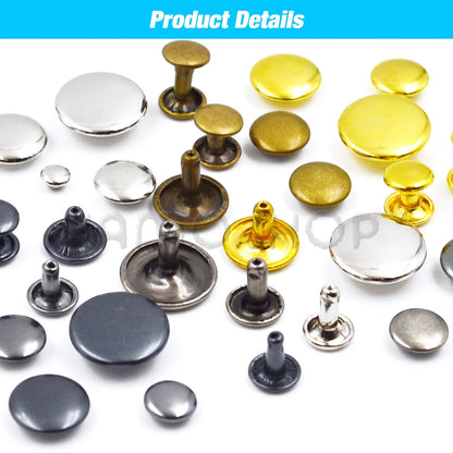 100Set Metal Double Cap Rivets - 5-15mm Round Stud Nails for Leathercraft, Shoes, Bags, Belts, Clothing & DIY Repairs