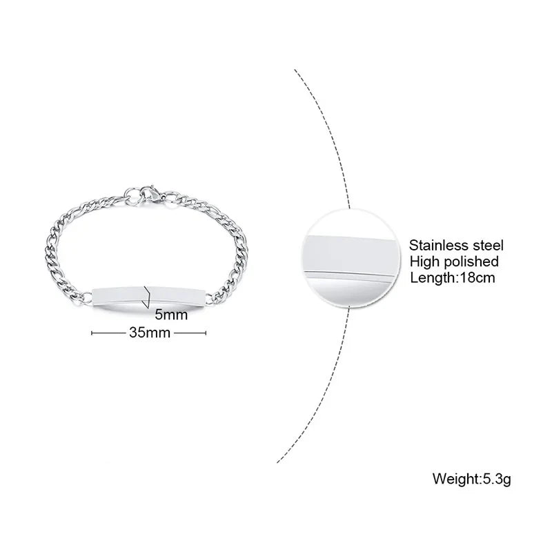 Elegant Personalized ID Bar Bracelet – 5mm Stainless Steel Link Chain for Women with Custom Name or Quote