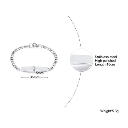 Elegant Personalized ID Bar Bracelet – 5mm Stainless Steel Link Chain for Women with Custom Name or Quote
