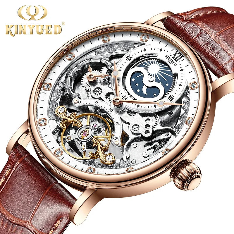 KINYUED Men’s Luxury Rose Gold Skeleton Tourbillon Automatic Watch – Waterproof Mechanical Wristwatch