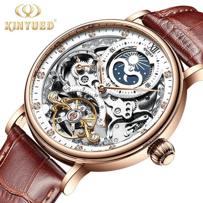 KINYUED Men’s Luxury Rose Gold Skeleton Tourbillon Automatic Watch – Waterproof Mechanical Wristwatch