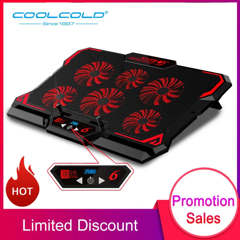 COOLCOLD 17-Inch Gaming Laptop Cooler - Six Fan System, LED Screen, Dual USB Ports, 2600RPM Cooling Pad and Notebook Stand