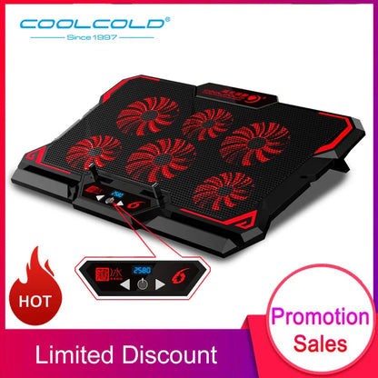 COOLCOLD 17-Inch Gaming Laptop Cooler - Six Fan System, LED Screen, Dual USB Ports, 2600RPM Cooling Pad and Notebook Stand