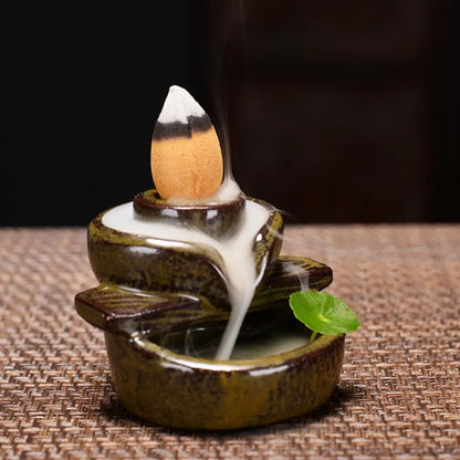 Ceramic Waterfall Incense Burner with Backflow Incense Cones - Home and Office Decor and Housewarming Gift