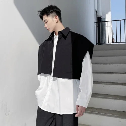 Men’s Wide Shoulder Sleeveless Shirt – Loose Casual Short Style Streetwear, Japan & Korea Fashion