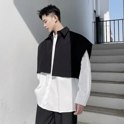 Men’s Wide Shoulder Sleeveless Shirt – Loose Casual Short Style Streetwear, Japan & Korea Fashion