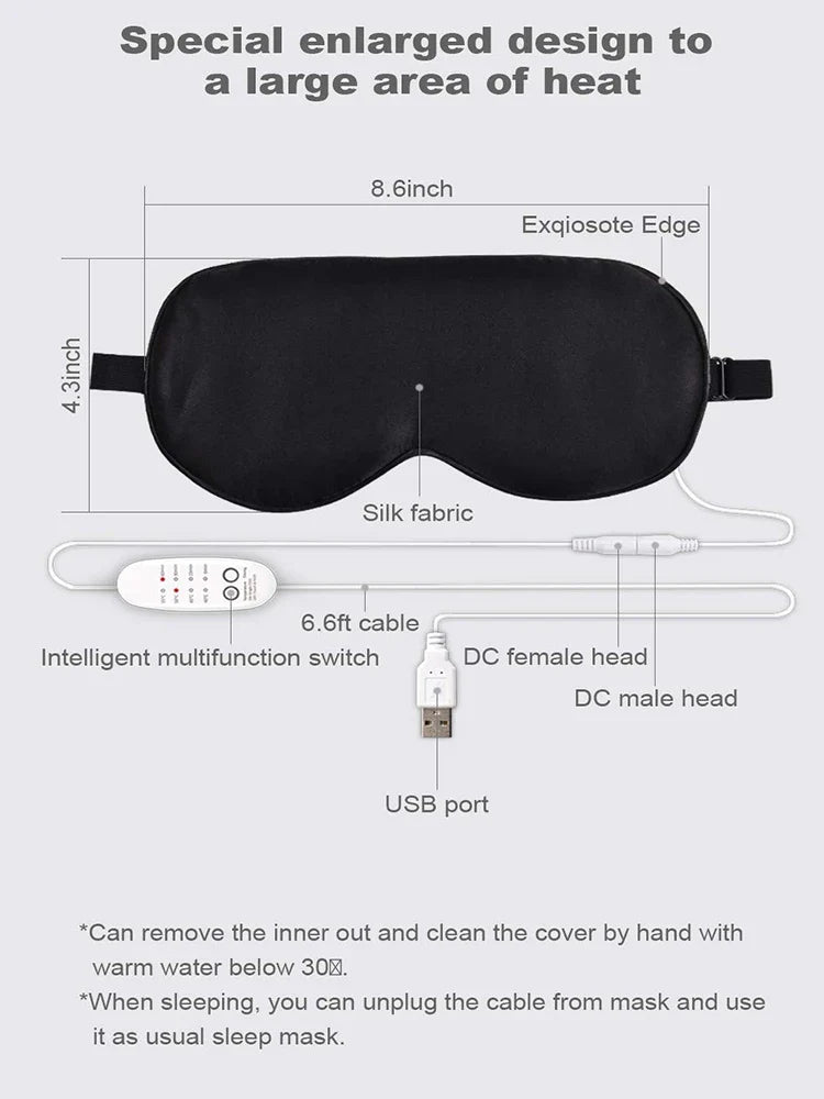 USB Heated Silk Eye Mask - Reusable Eye Massager for Sleeping, Puffiness, and Dark Circles - Eye Care with USB Heating