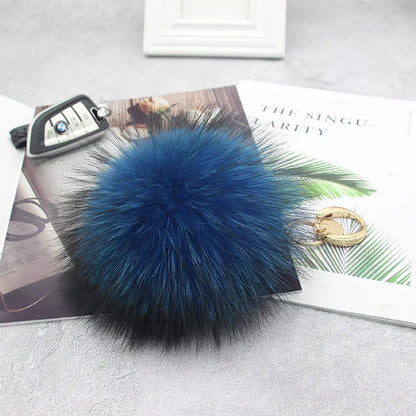 Luxury 15cm Fluffy Real Raccoon Fur Pom Pom Keychain – High-Quality Metal Ring Pendant for Women
