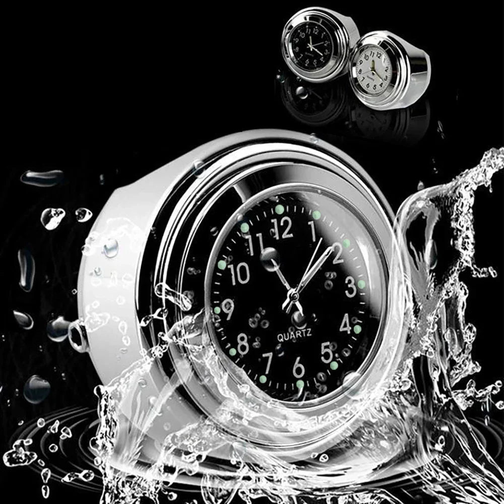 Chrome Waterproof Motorcycle Clock - 7/8" Handlebar Mount Quartz Watch with Luminous Dial - Aluminum Moto Accessory