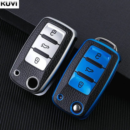 Leather TPU Car Key Case Cover for Volkswagen & Skoda – Fits Polo, Golf, Passat, Tiguan, Beetle, Caddy, T5, Up, Eos, Octavia, Seat Leon, Altea