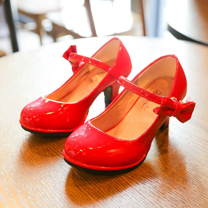Girls Princess Bowtie Leather Sandals - Sweet High Heel Shoes for Children, Autumn Dress Footwear SZ107
